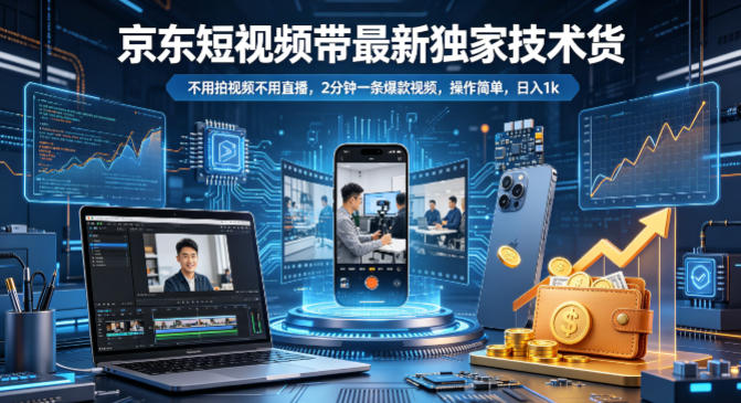 京东短视频带货最新独家技术，不用拍视频不用直播，2分钟一条爆款视频，操作简单，日入1k+【揭秘】-优创云