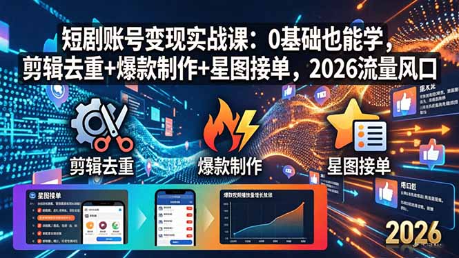 短剧账号变现实战课：0基础也能学，剪辑去重+爆款制作+星图接单，2026流量风口-优创云