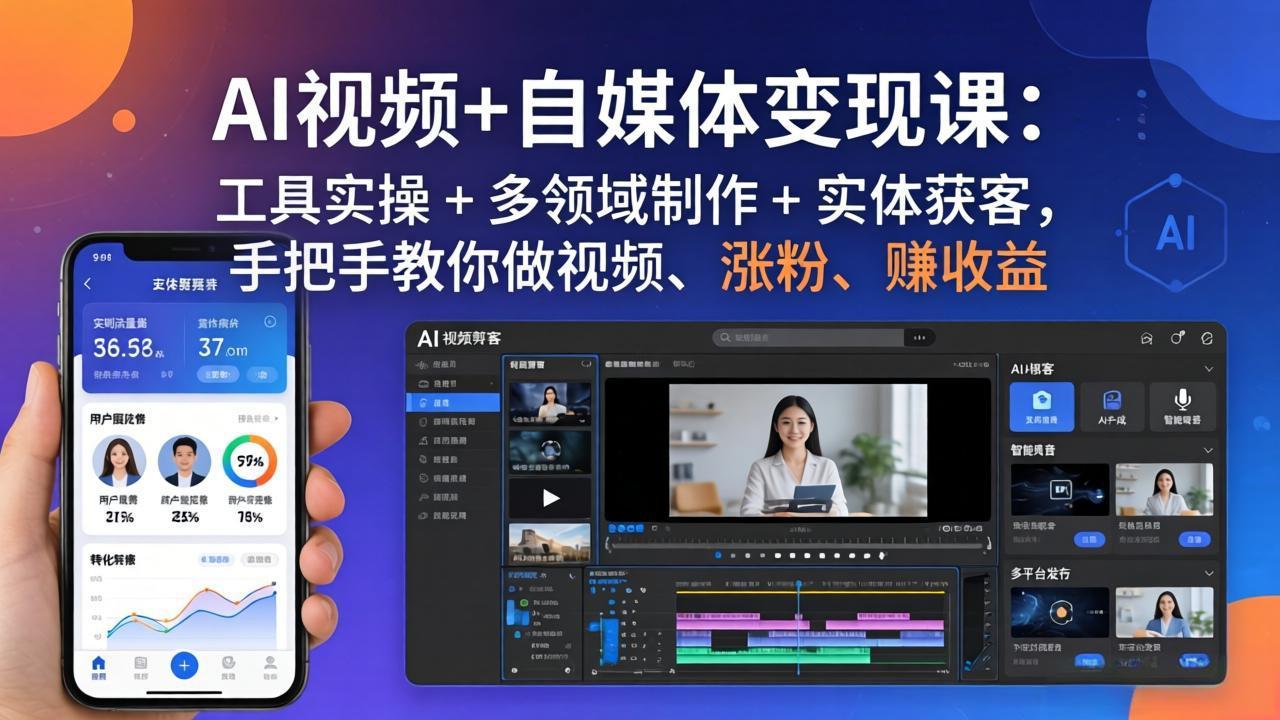 AI视频+自媒体变现课：工具实操 + 多领域制作 + 实体获客，手把手教你做视频、涨粉、赚收益-优创云