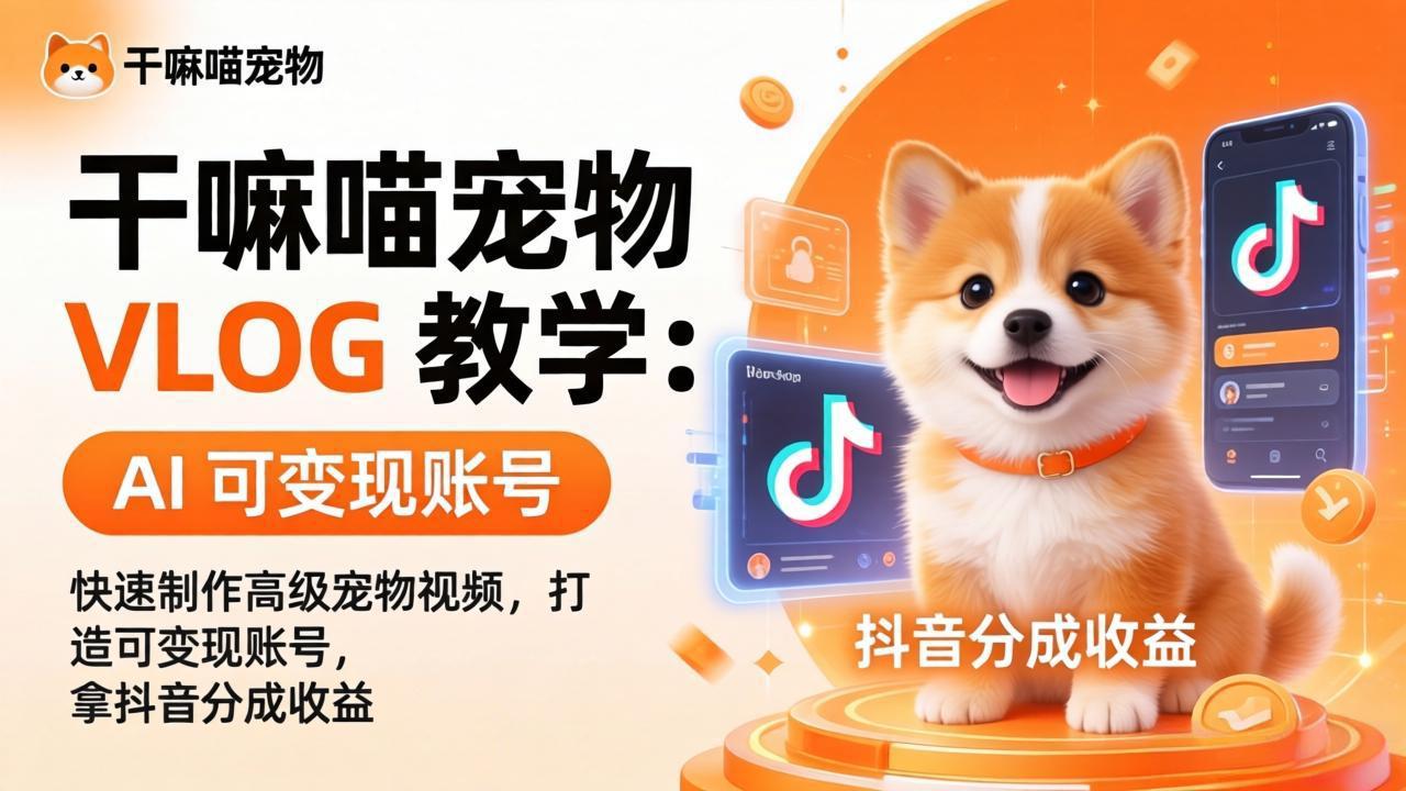 干嘛喵宠物 VLOG 教学：AI 快速制作高级宠物视频，打造可变现账号，拿抖音分成收益-优创云
