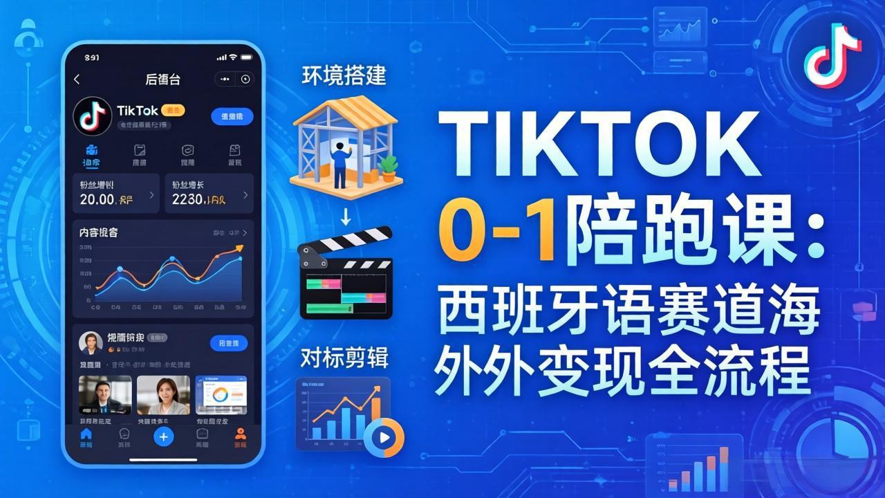 TIKTOK 0-1 陪跑课：从环境搭建到刷对标剪辑，西班牙语赛道海外变现全流程-优创云