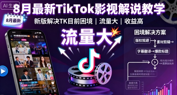 8月最新TikTok影视解说教学，新版解决TK目前困境，流量大，收益高-优创云
