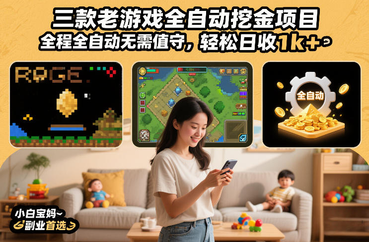三款老游戏全自动挖金项目，全程全自动无需值守，轻松日收1k+，小白宝妈副业首选【揭秘】-优创云