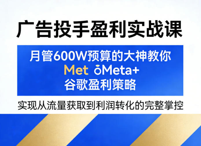 广告投手盈利实战课，月管600W预算的大神教你Meta+谷歌盈利策略，实现从流量获取到利润转化的完整掌控-优创云