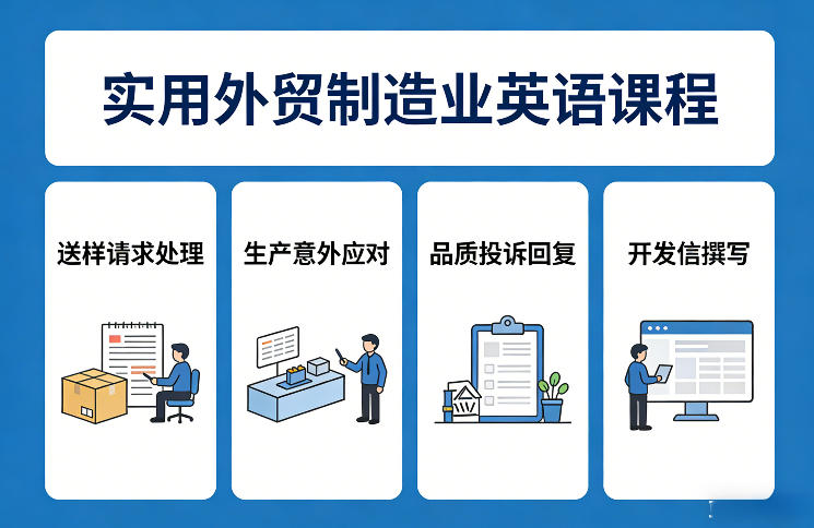 实用外贸制造业英语课程，教你专业处理送样请求、应对生产意外、回复品质投诉、撰写开发信等-优创云