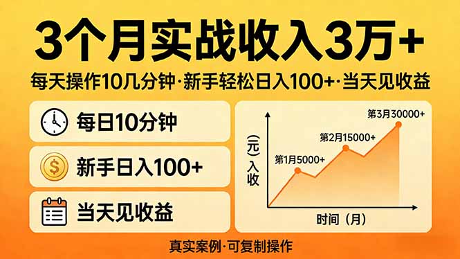 3个月实战收入3万+，每天操作10几分钟，新手轻松日入100+，当天见收益-优创云