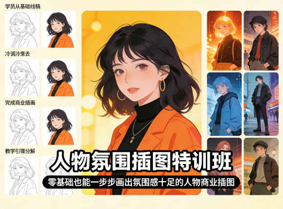 人物氛围插图特训班，零基础也能一步步画出氛围感十足的人物商业插图-优创云