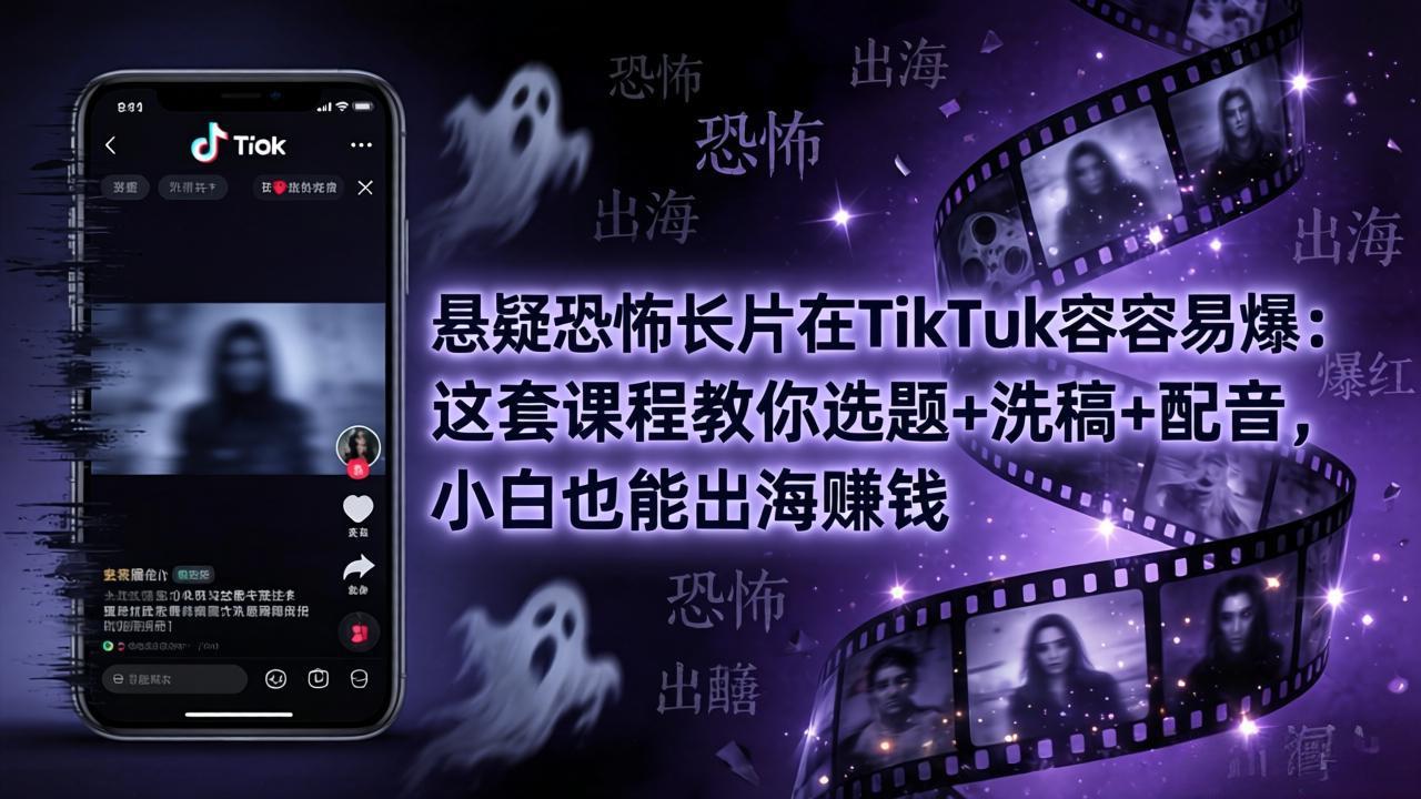 悬疑恐怖长片在TikTok最容易爆：这套课程教你选题+洗稿+配音，小白也能出海赚钱-优创云