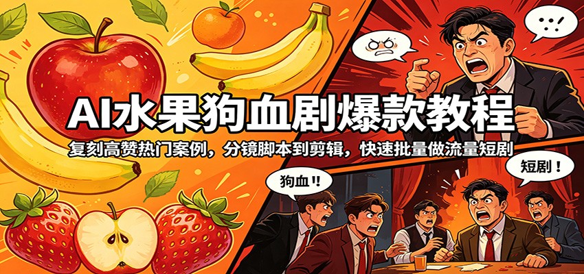 AI水果狗血剧爆款教程：复刻高赞热门案例，分镜脚本到剪辑，快速批量做流量短剧-优创云