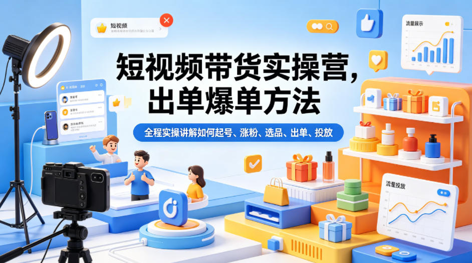短视频带货实操营，出单爆单方法，全程实操讲解如何起号、涨粉、选品、出单、投放-优创云