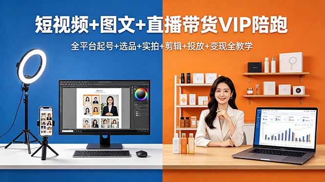 短视频+图文+直播带货VIP陪跑，全平台起号+选品+实拍+剪辑+投放+变现全教学-优创云