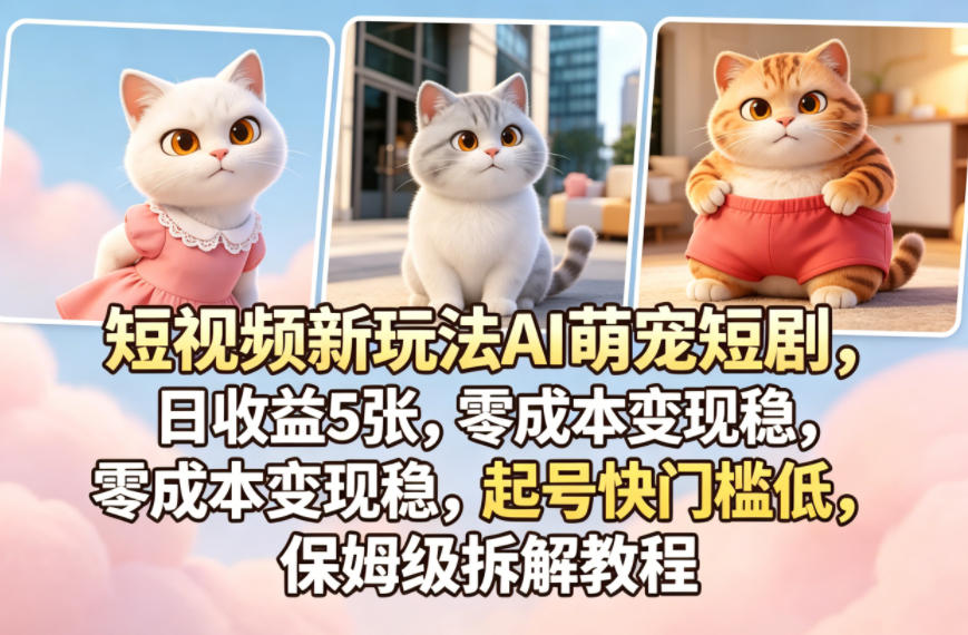 短视频新玩法AI萌宠短剧，日收益5张，零成本变现稳，起号快门槛低，保姆级拆解教程-优创云