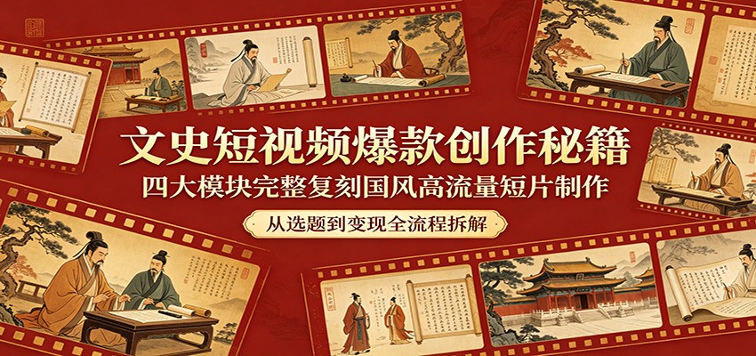 文史短视频爆款创作秘籍：四大模块完整复刻国风高流量短片制作-优创云