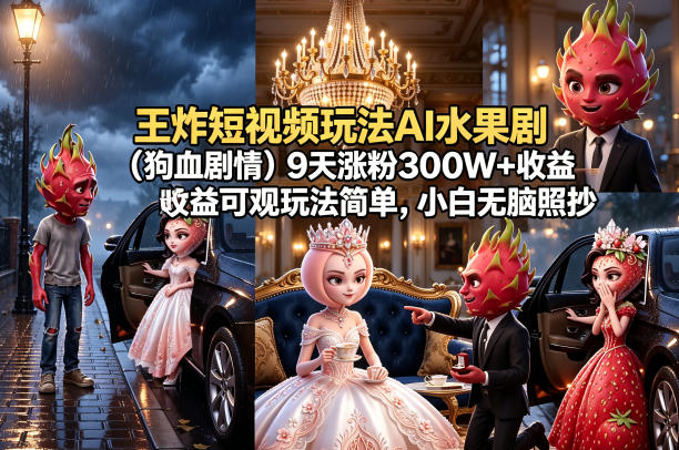 王炸短视频玩法AI水果剧(狗血剧情)9天涨粉300W+收益可观玩法简单，小白无脑照抄，详细拆解玩法-优创云