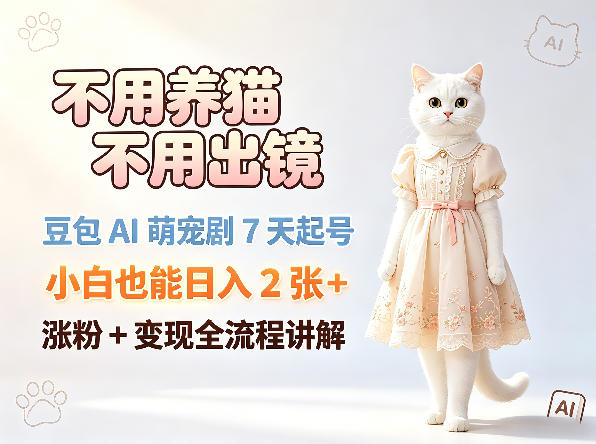 不用养猫不用出镜，豆包AI萌宠剧7天起号，小白也能日入2张+，涨粉+变现全流程讲解-优创云