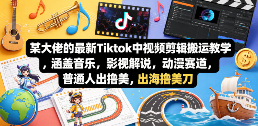 某大佬的最新Tiktok中视频剪辑搬运教学，涵盖音乐，影视解说，动漫赛道，普通人出海撸美刀-优创云