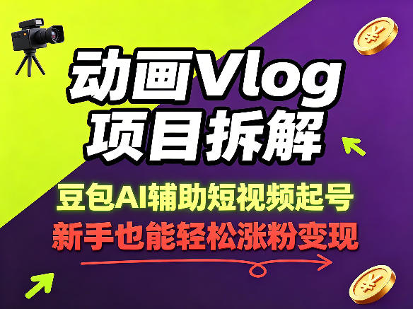 动画Vlog项目拆解，豆包AI辅助短视频起号，新手也能轻松涨粉，43条作品涨粉8.3W-优创云