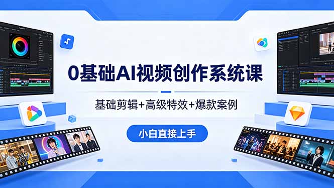0基础AI视频创作系统课，基础剪辑+高级特效+爆款案例，小白直接上手-优创云