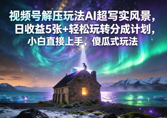 视频号解压玩法AI超写实风景，日收益5张+轻松玩转分成计划，小白直接上手，傻瓜式玩法-优创云