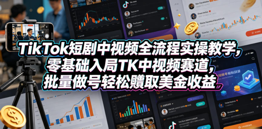 TikTok短剧中视频全流程实操教学,零基础入局TK中视频赛道,批量做号轻松賺取美金收益-优创云