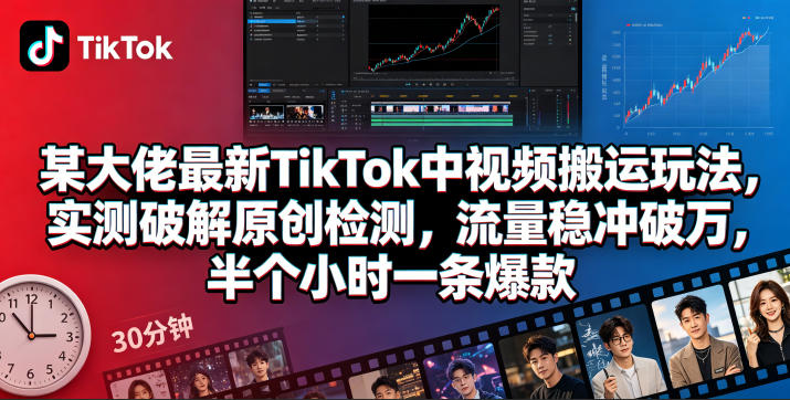 某大佬最新TikTok中视频搬运玩法,实测破解原创检测,流量稳冲破万,半个小时一条爆款-优创云