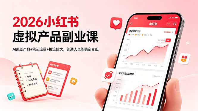 2026小红书虚拟产品副业课，AI原创产品+笔记流量+投流放大，普通人也能稳定变现-优创云