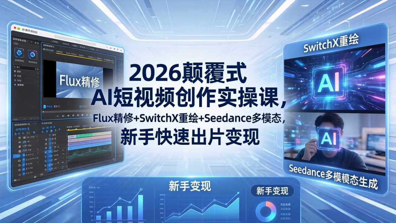 2026颠覆式 AI短视频创作课-5月更新,Flux精修+SwitchX重绘+Seedance多模态,新手快速出片变现-优创云