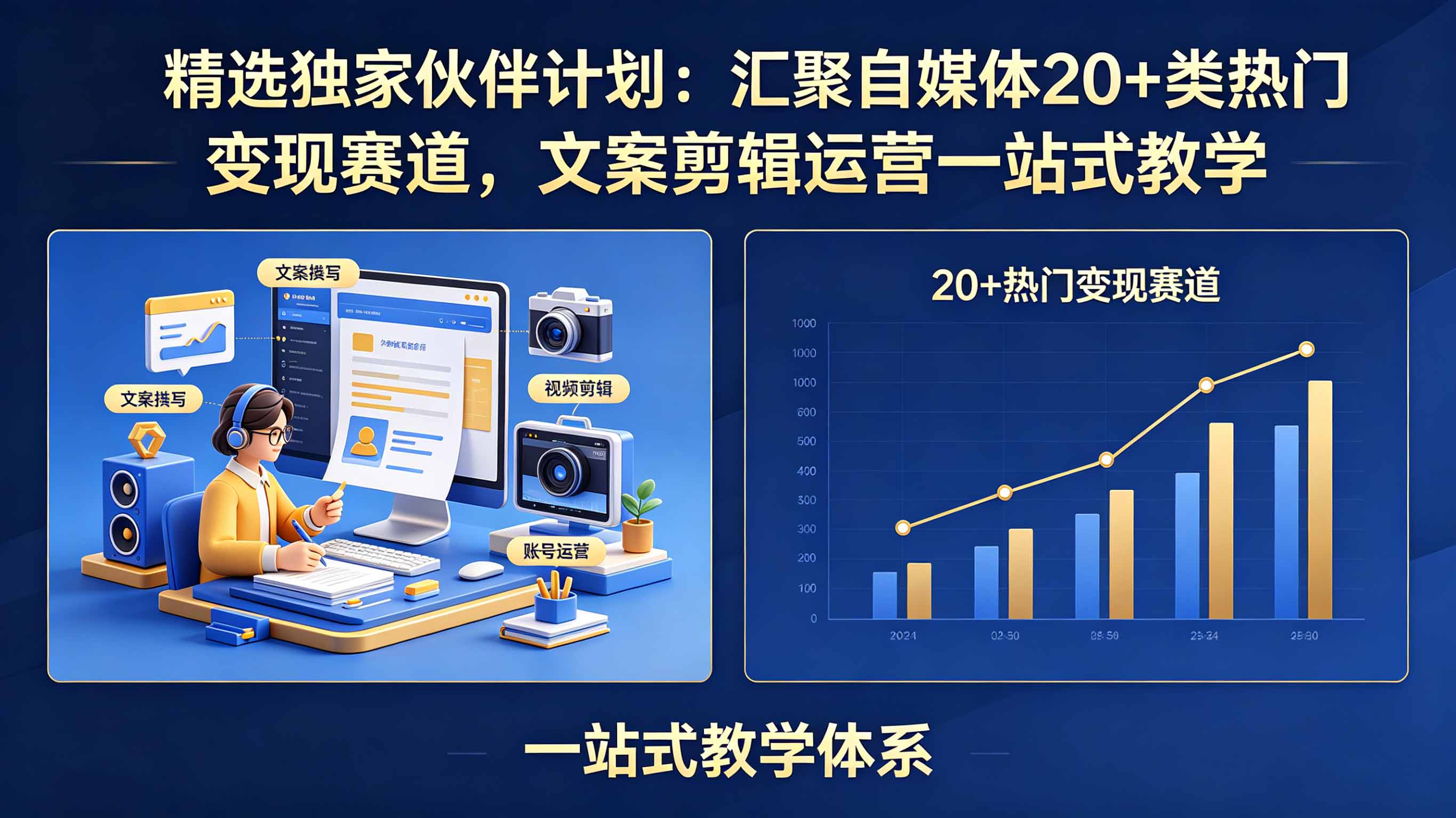 精选独家伙伴计划：汇聚自媒体20+类热门变现赛道，文案剪辑运营一站式教学-优创云
