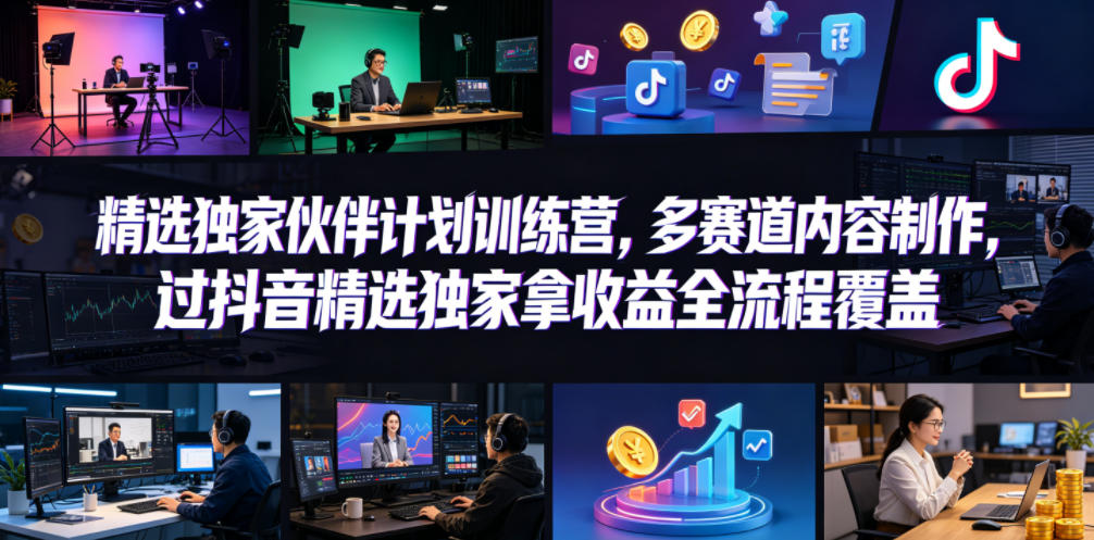 小豁食堂精选独家伙伴计划训练营，多赛道内容制作，过抖音精选独家拿收益全流程覆盖-优创云