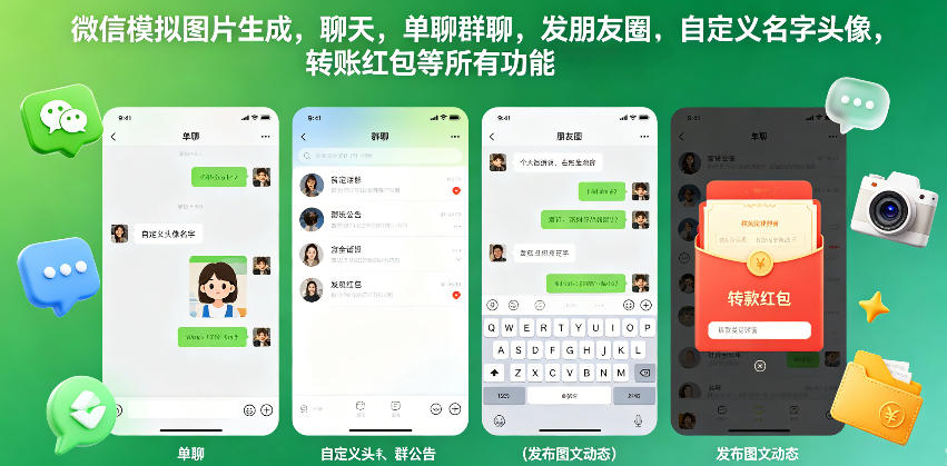 微信模拟图片生成,聊天,单聊群聊,发朋友圈,自定义名字头像,转账红包等所有功能都可以生成-优创云