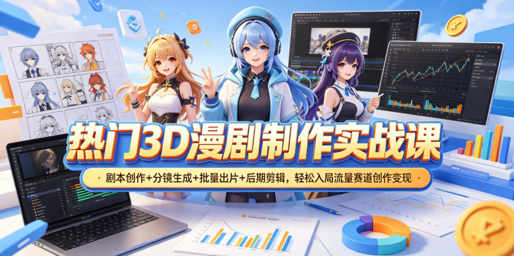 热门3D漫剧制作实战课,剧本创作+分镜生成+批量出片+后期剪辑,轻松入局流量赛道创作变现-优创云