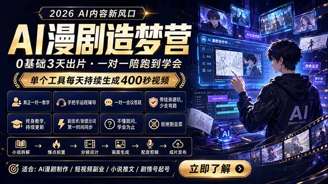 AI漫剧造梦营:0基础3天出片,单个工具每天持续生成400秒视频-优创云