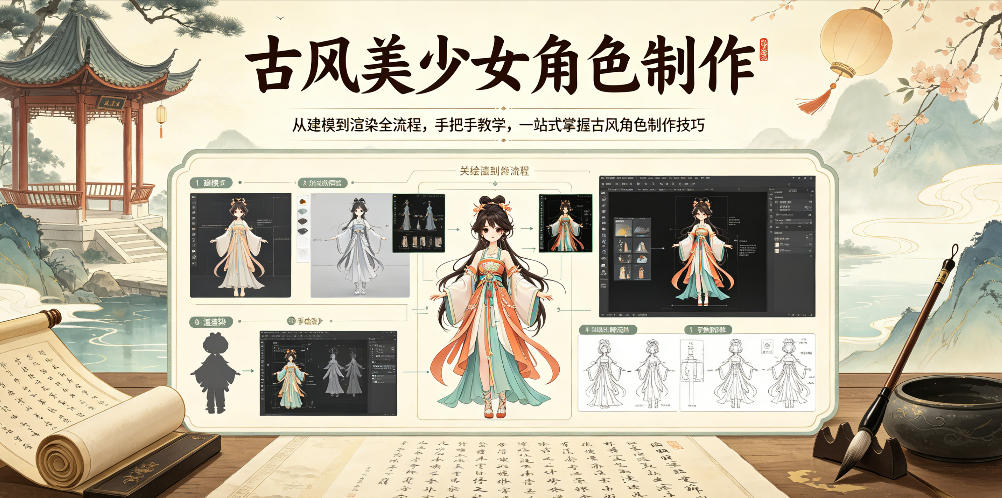 古风美少女角色制作，从建模到渲染全流程，手把手教学，一站式掌握古风角色制作技巧-优创云
