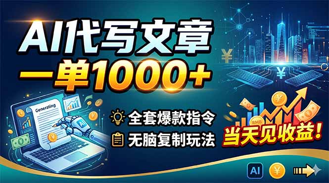 AI代写文章，一单1000+，全套爆款指令+无脑复制玩法，当天见收益！-优创云