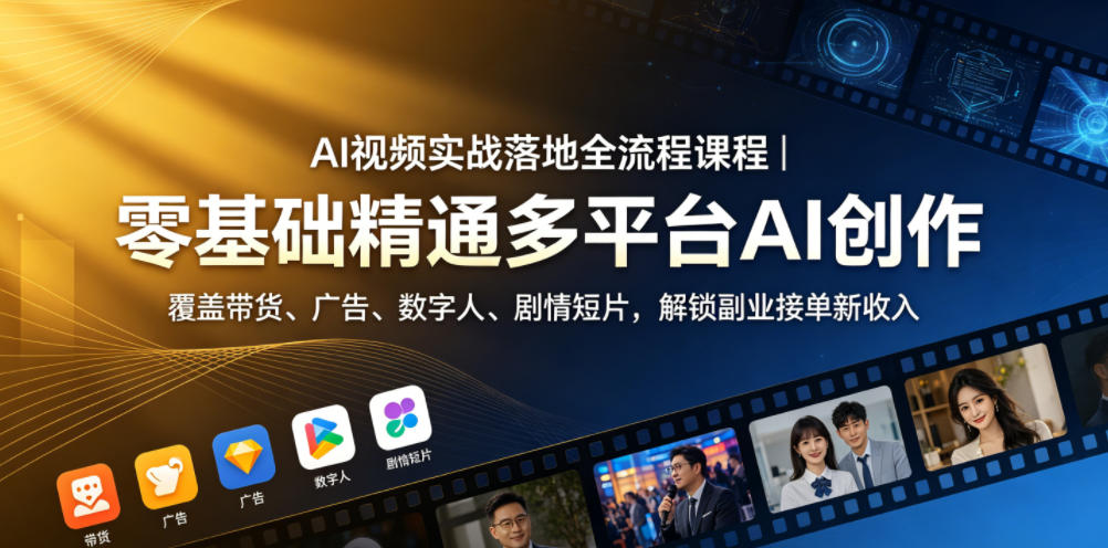 AI视频实战落地全流程课程｜零基础精通多平台AI创作，覆盖带货、广告、数字人、剧情短片，解锁副业接单新收入-优创云