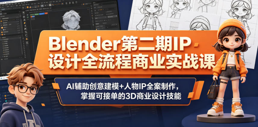 Blender第二期IP设计全流程商业实战课，AI辅助创意建模+人物IP全案制作，掌握可接单的3D商业设计技能-优创云