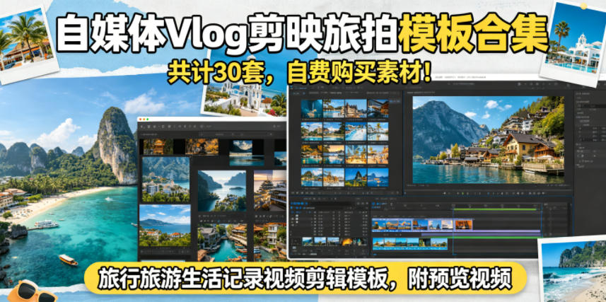 自媒体Vlog剪映旅拍模板合集，共计30套，自费购买素材！旅行旅游生活记录视频剪辑模板，附预览视频-优创云